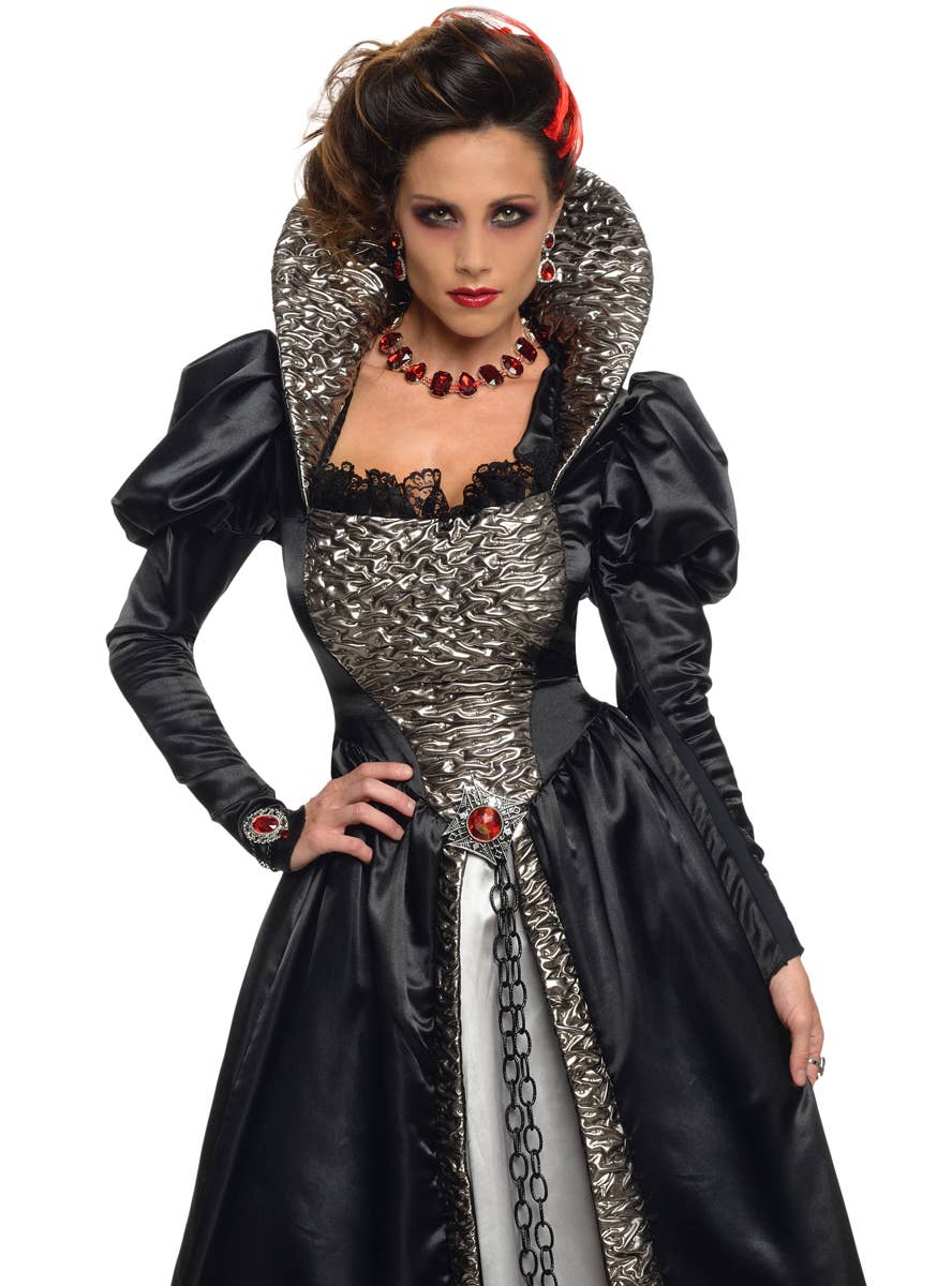 Women's Collector's Edition Black and Silver Gothic Lady Vampire Halloween Costume - Close Up Image