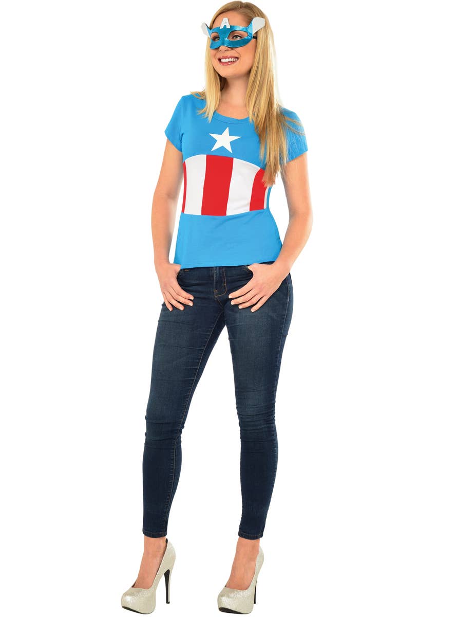 Captain America Womens Shirt and Mask Costume Set - Alt Image