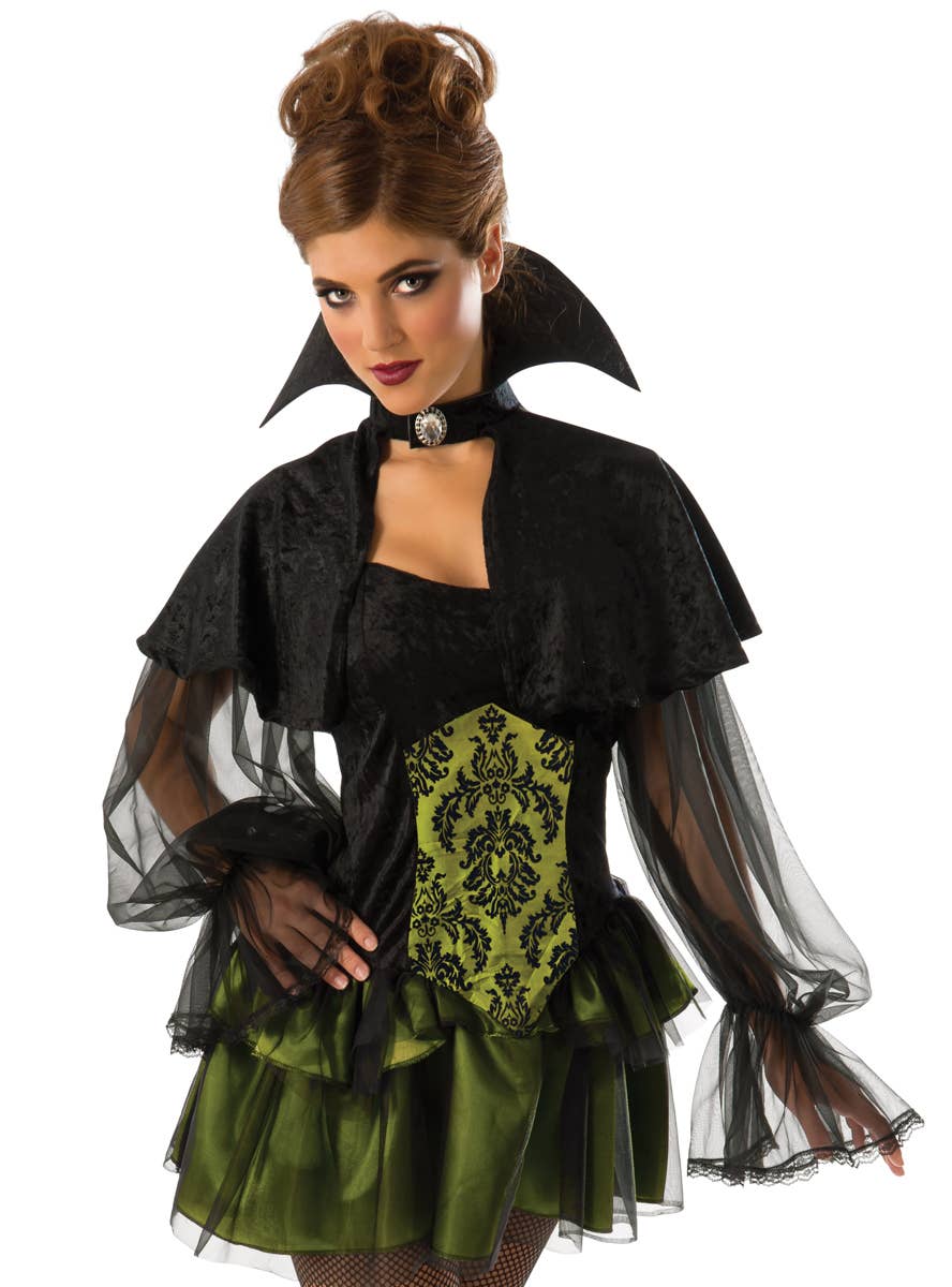 Elegant Black and Green Witch Halloween Costume for Women - Close Up Image