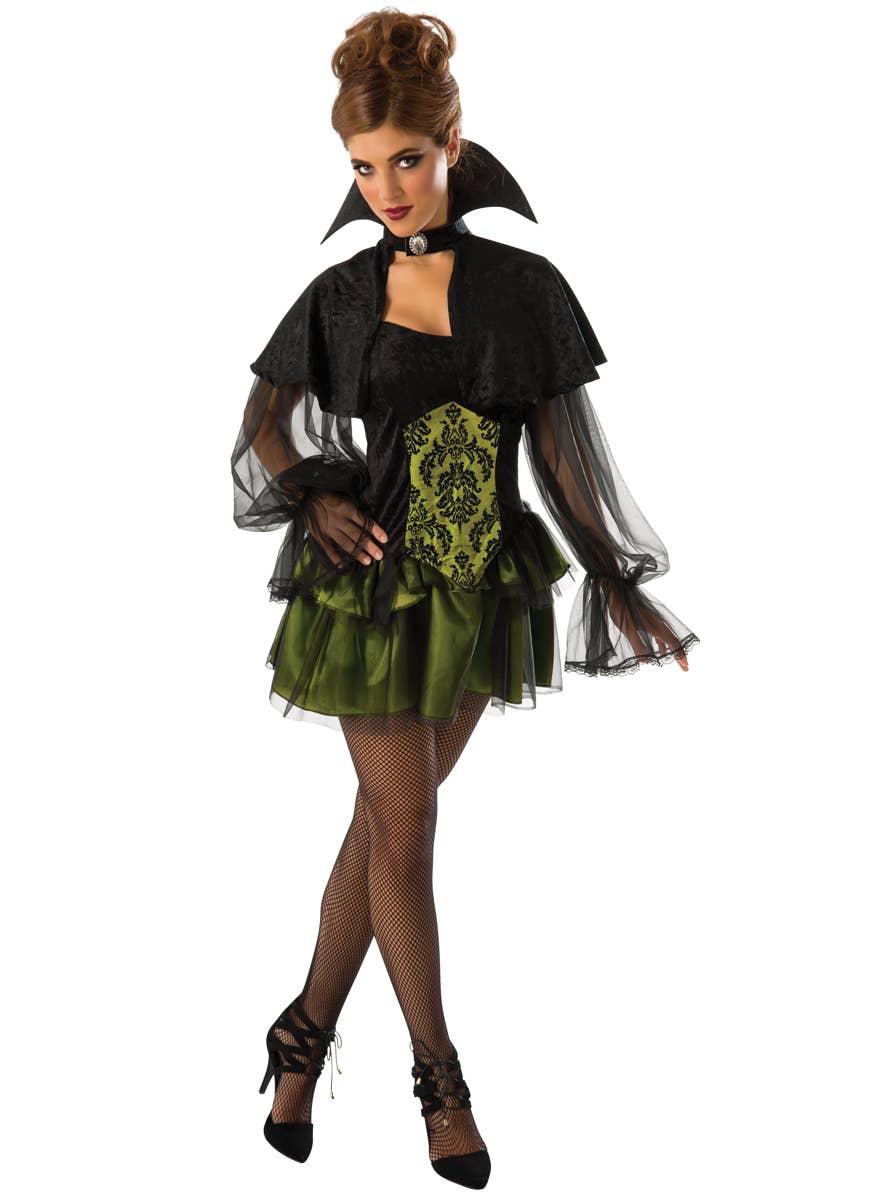 Elegant Black and Green Witch Halloween Costume for Women - Main Image