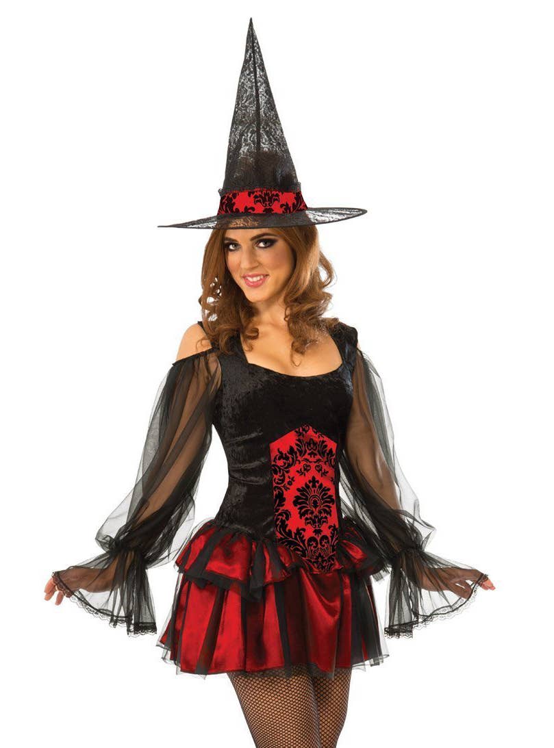 Short Sexy Black and Red Temptress Witch Halloween Costume for Women - Close Up Image