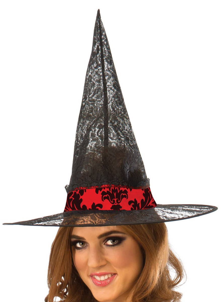 Short Sexy Black and Red Temptress Witch Halloween Costume for Women - Hat Image