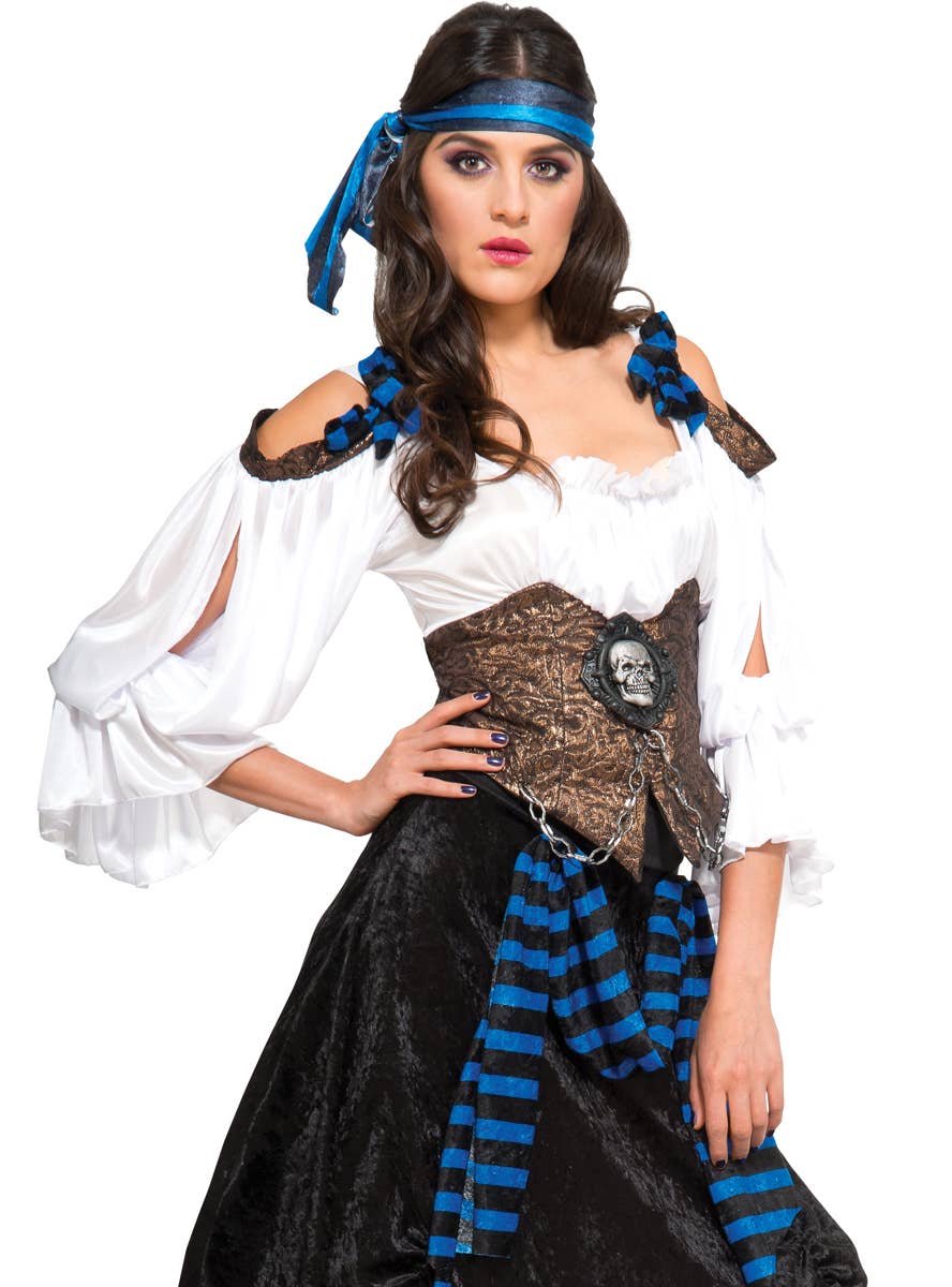 Women's Blue, Black and White Rum Runner Pirate Wench Costume - Close Up Image