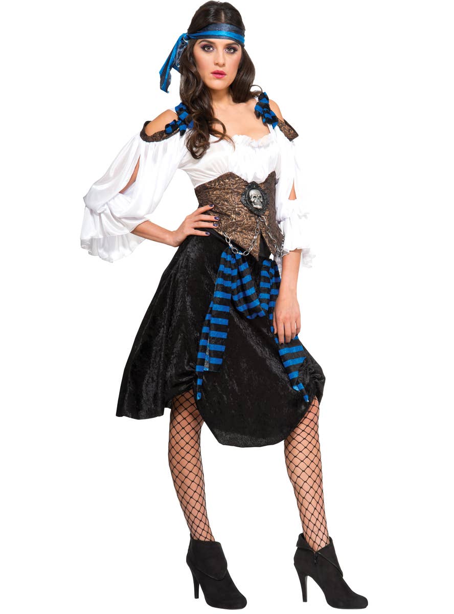 Women's Blue, Black and White Rum Runner Pirate Wench Costume - Main Image