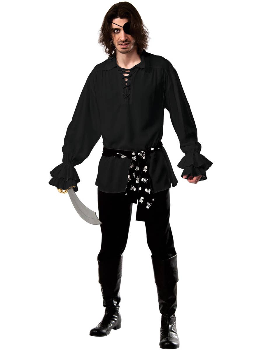 Mens Black Pirate Lace Up Shirt with Skull Belt - Main Image