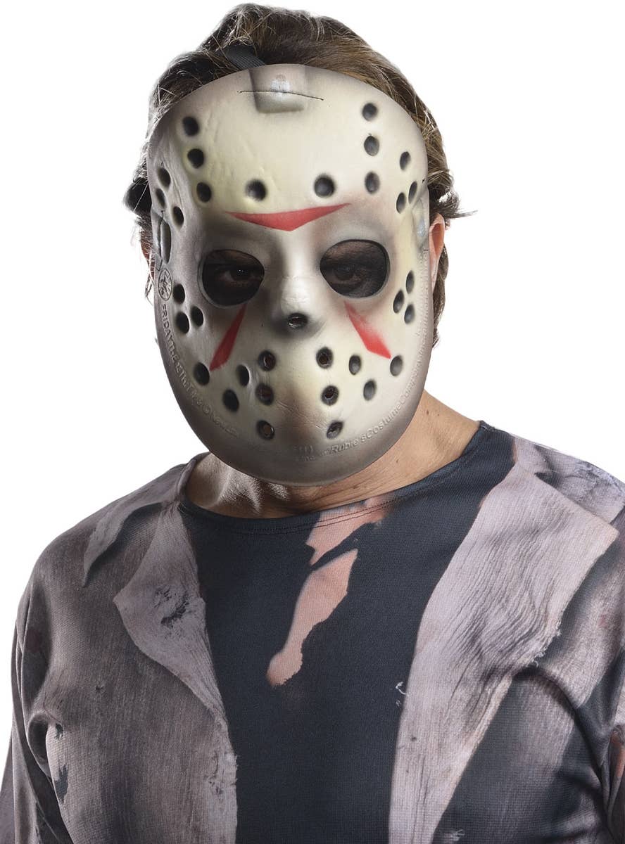 Jason Voorhees Friday the 13th Slasher Movie Mens Halloween Costume with Machete Close Up Image 1