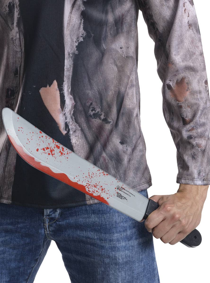 Jason Voorhees Friday the 13th Slasher Movie Mens Halloween Costume with Machete Close Up Image 2