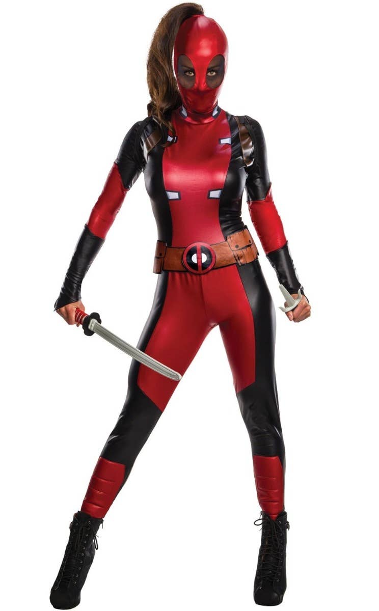 Women's Red And Black Deadpool Wet Look Jumpsuit Superhero Marvel Fancy Dress Costume Main Image