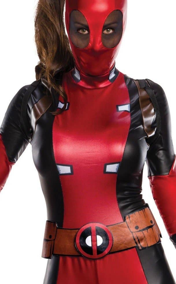 Women's Red And Black Deadpool Wet Look Jumpsuit Superhero Marvel Fancy Dress Costume Close Up Image