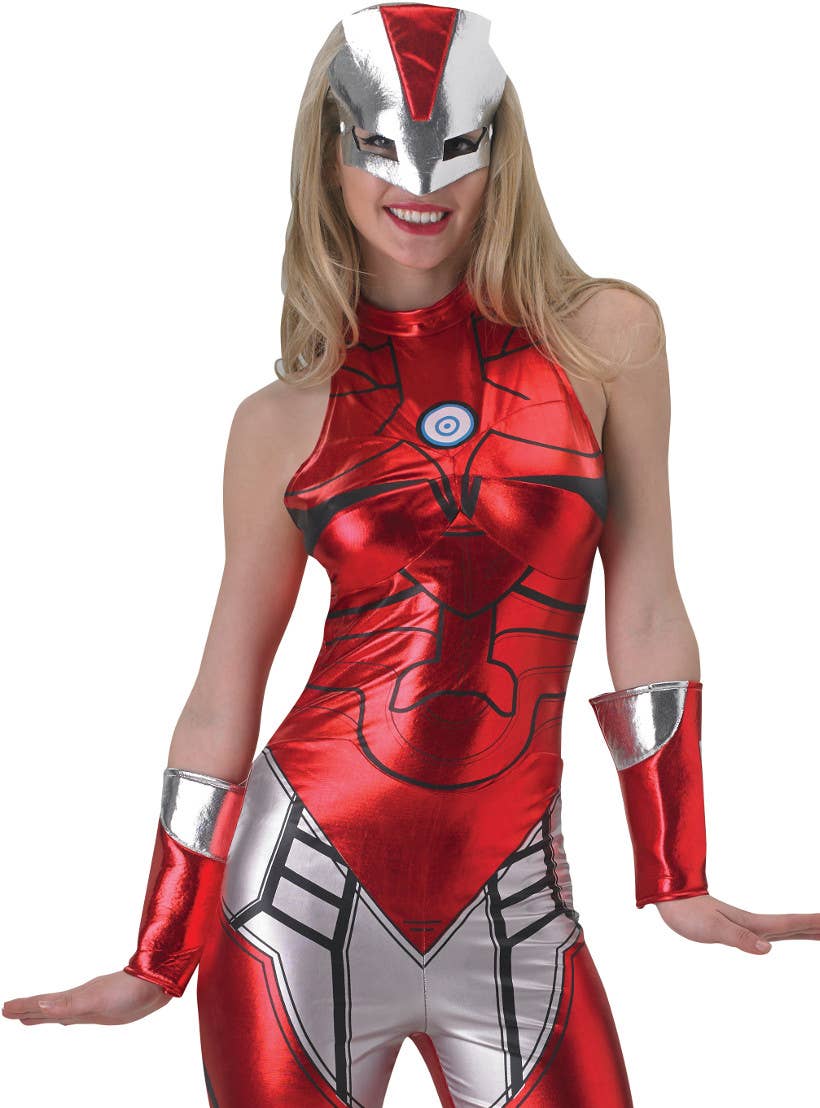 Women's Metallic Red Iron Man Jumpsuit Costume Close Up Image