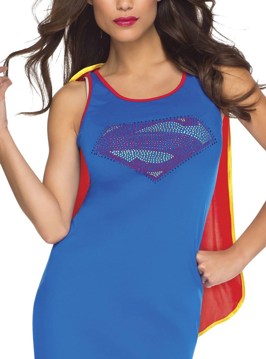 Supergirl Women's Tank Dress with Rhinestone Logo Close Up Image