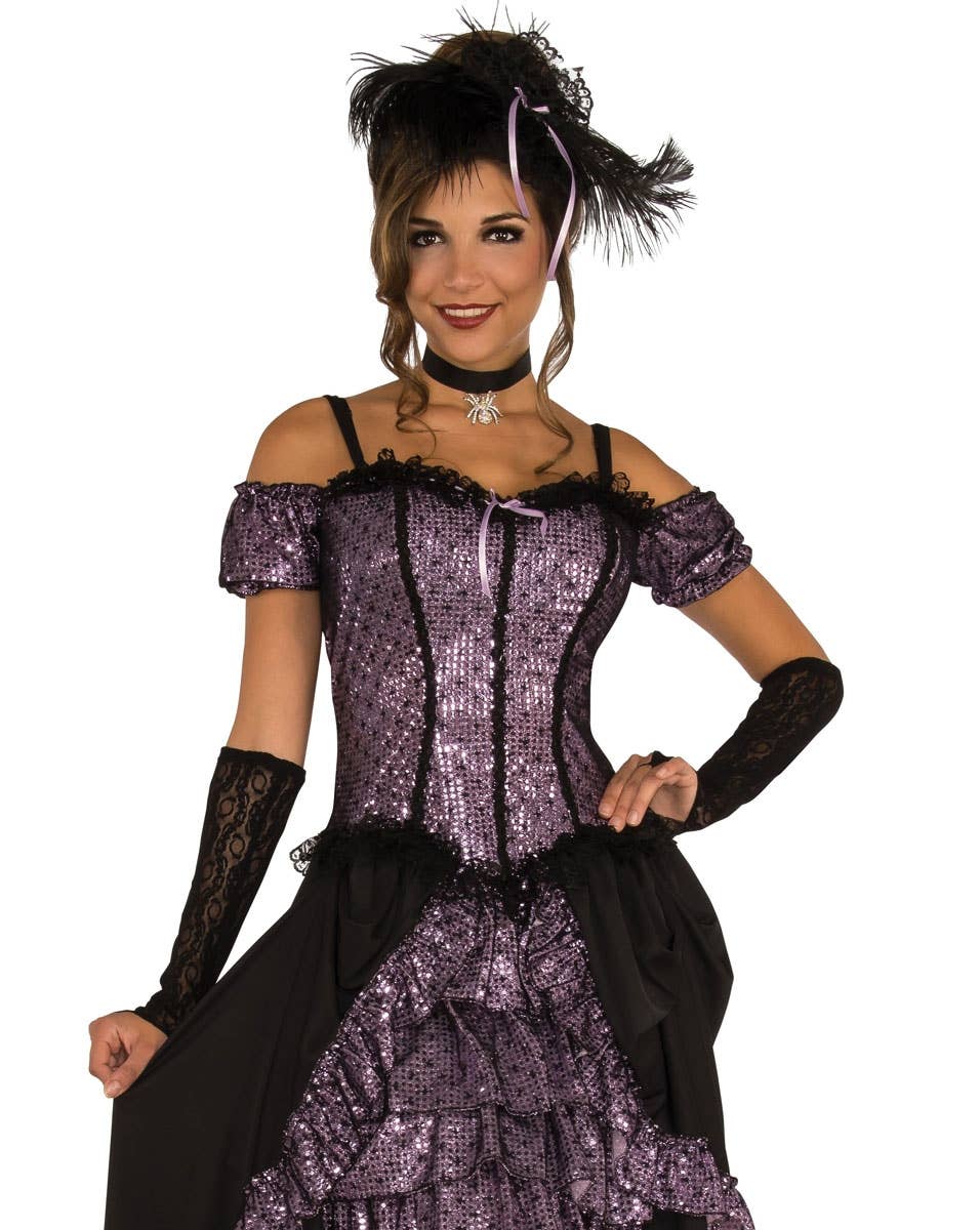 Women's Sexy Purple Saloon Girl Western Costume Close Image