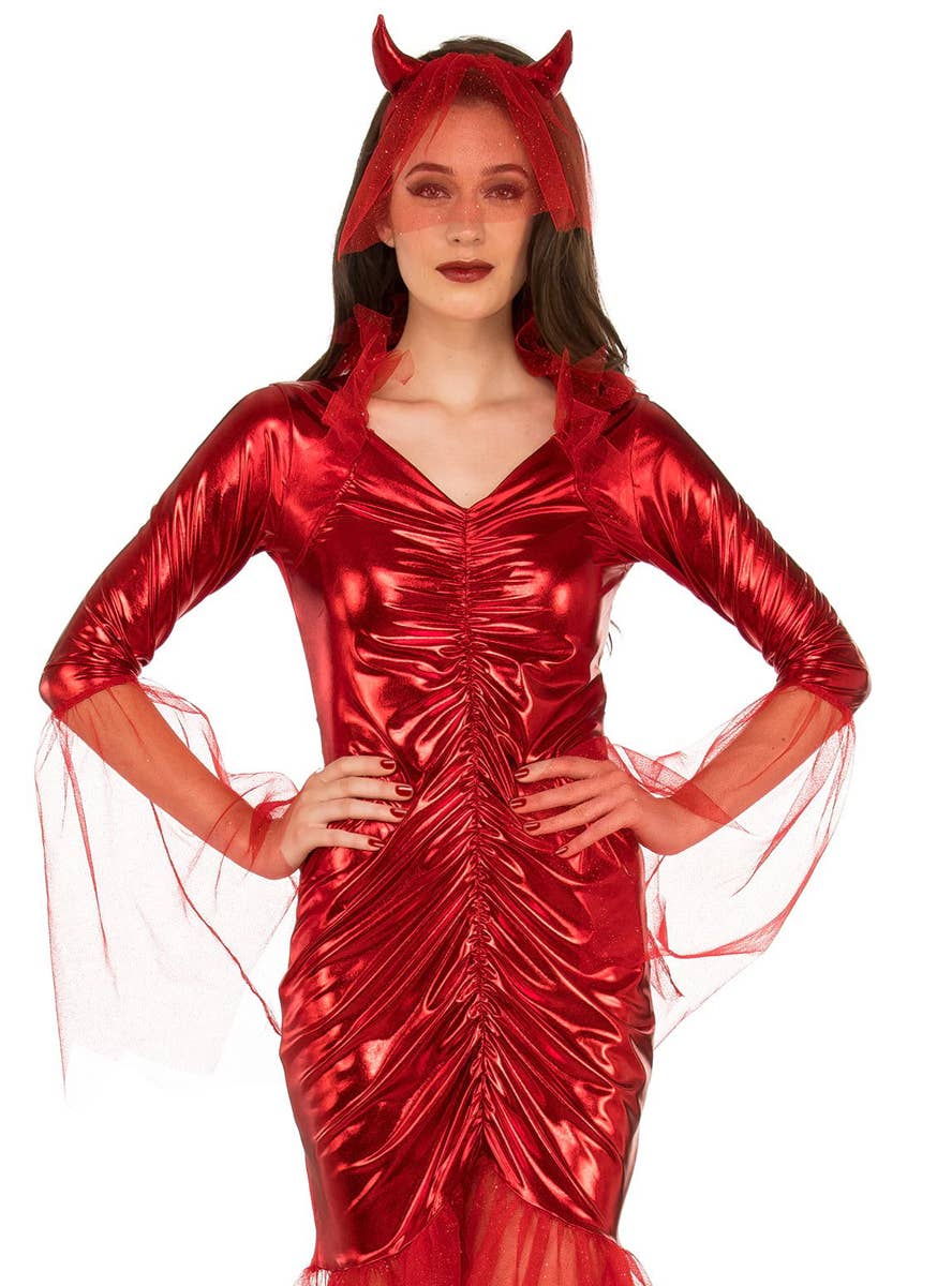 Women's Red Devil Bride Halloween Dress Up Costume Close Up Image