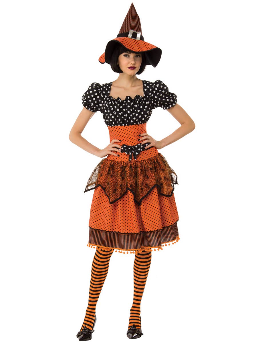 Womens Orange Polka Dot Witch Costume