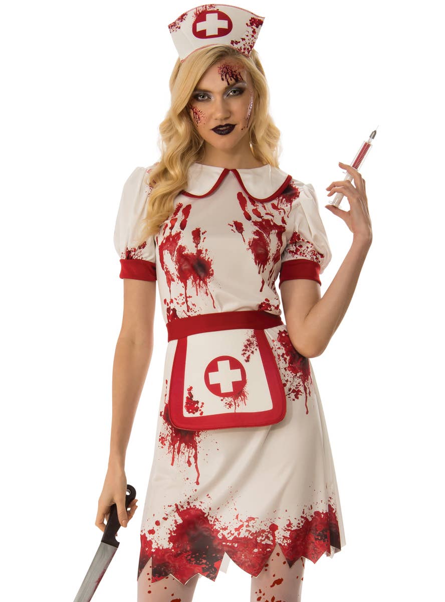 Women's Sexy Blood Splattered Nurse Halloween Costume Close Image