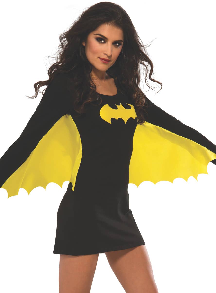 Sexy Black Batgirl Women's Long Sleeve Tube Dress Superhero Fancy Dress Costume With Yellow Satin Winged Cape Closw Image