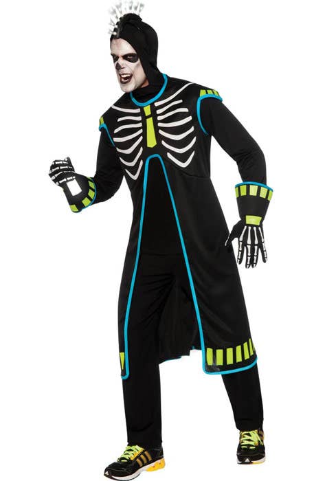 Hooded Black UV Reactive Rave Skeleton Men's Halloween Costume - Main Image