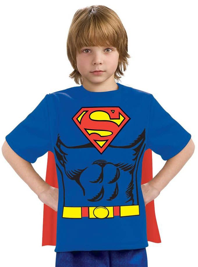 Boy's Superman Costume T-Shirt With Attached Cape Fancy Dress Book Week Costume