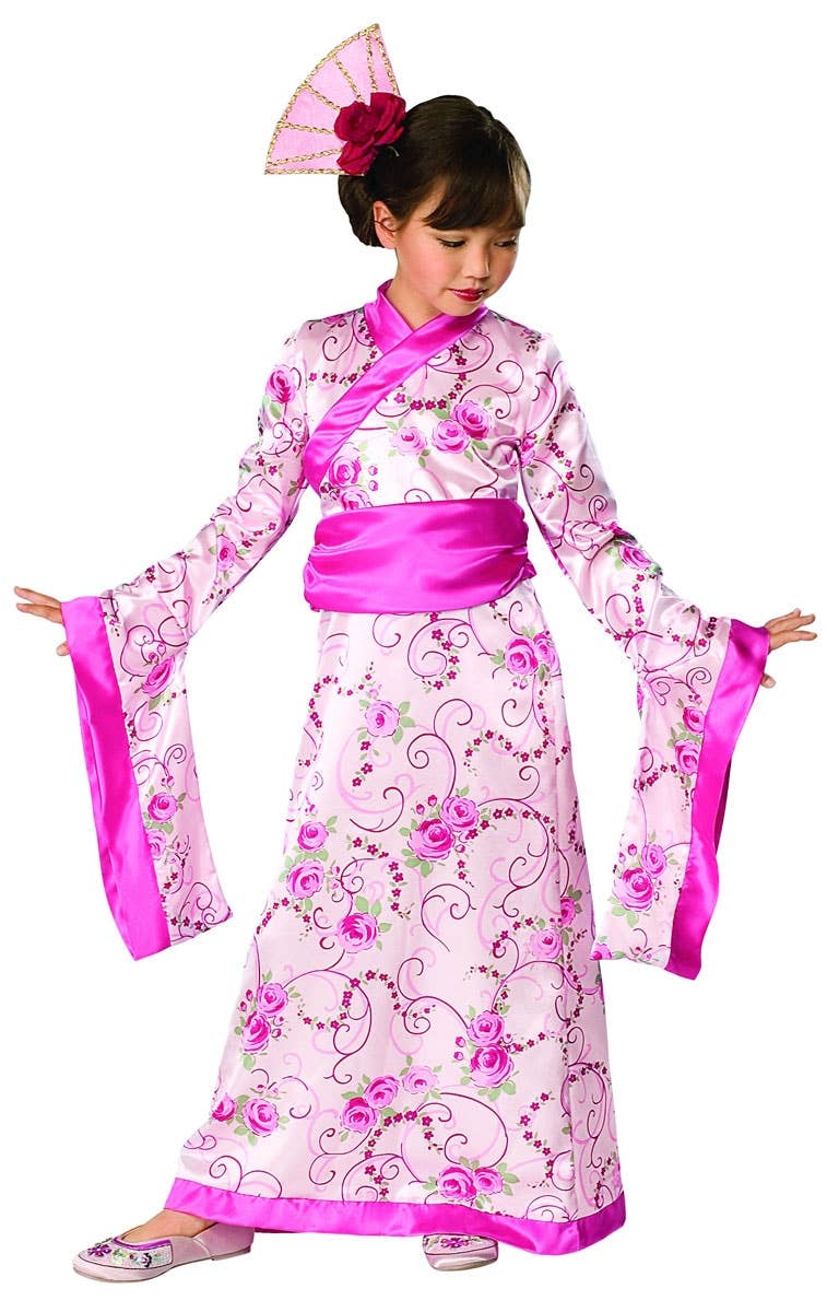 Girls Japanese Pink Geisha Kimono Fancy Dress Costume