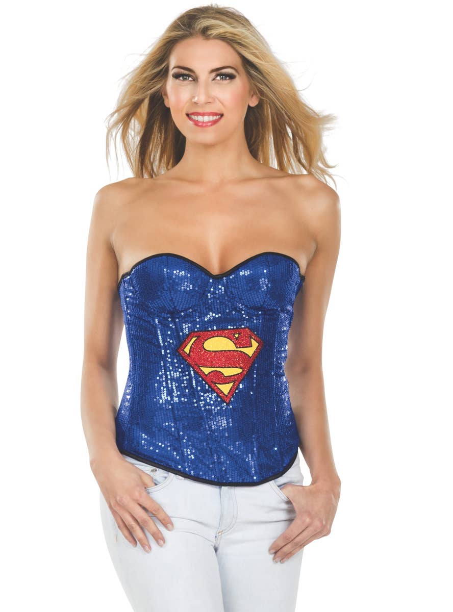 Supergirl Sexy Sequined Superhero Costume Corset - Close Image