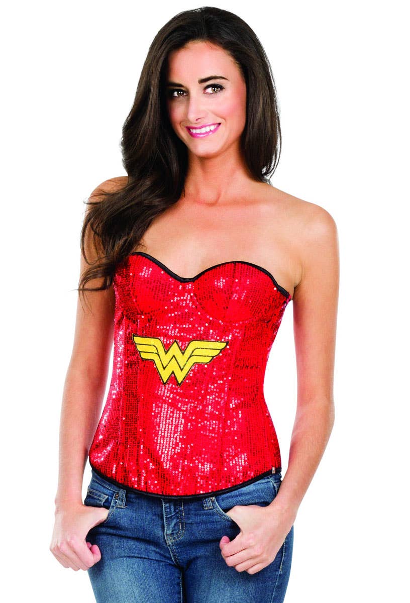 Red Sequinned Women's Sexy Wonder Woman Costume Corset