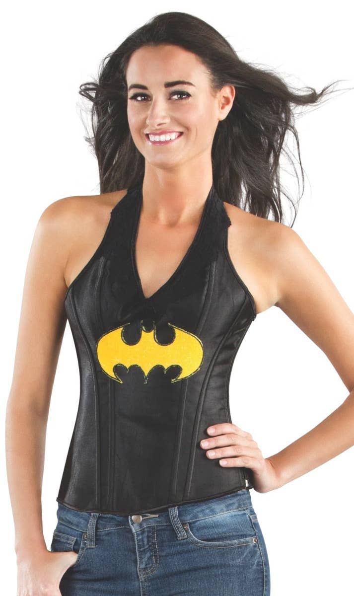 Leather Look Halterneck Batman Corset | Womens Batgirl Costume Corset