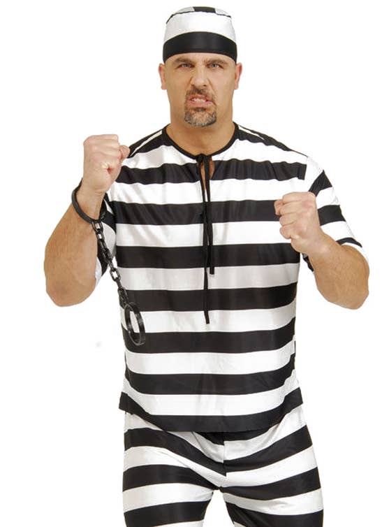 Men's Black and White Striped Prisoner Costume Close Up Image