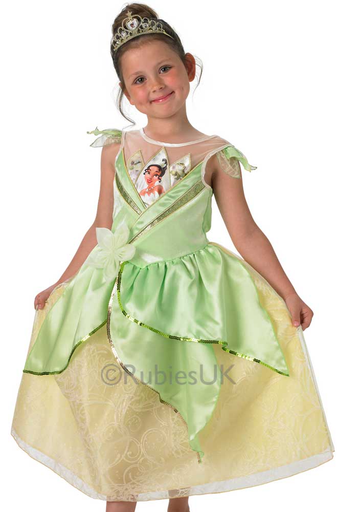 Girl's Green Princess Tiana Disney Costume Close Up View