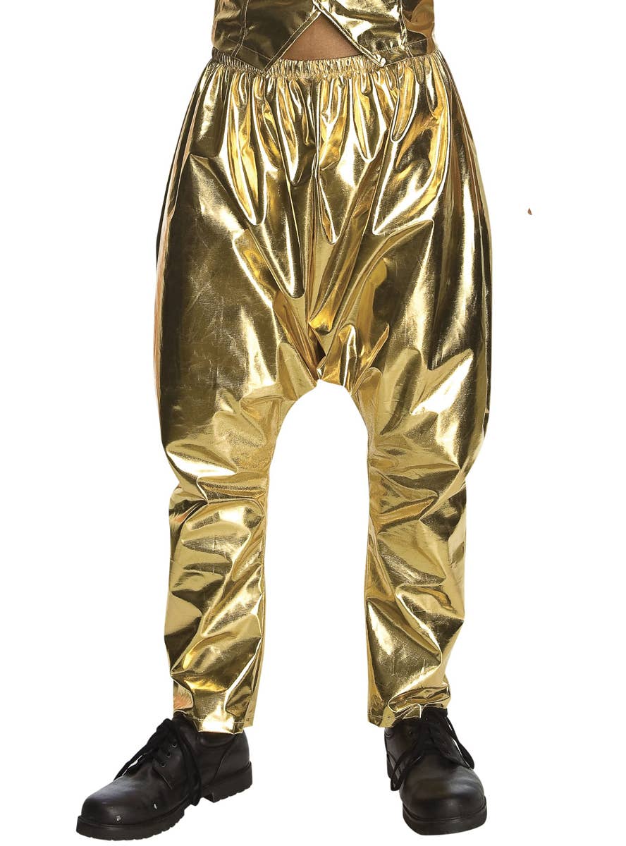 Metallic Gold Men's 90's Rapper Hammer Costume Pants - Close Up Image