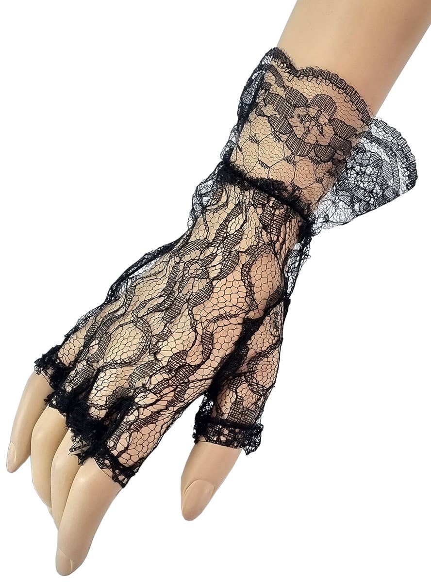 Image of Ruffled Black Lace Fingerless Costume Gloves - Alternate Image