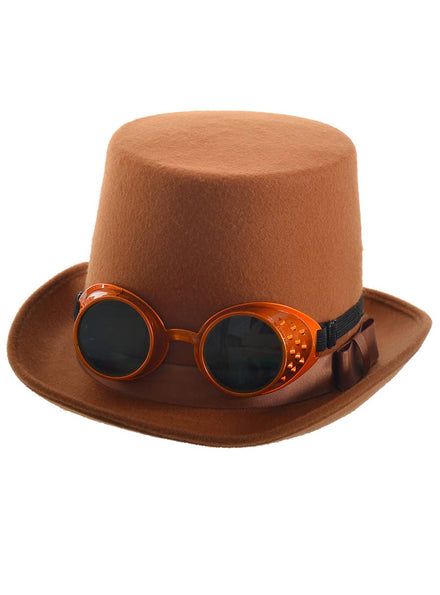 Image of Rust Brown Steampunk Top Hat with Bronze Goggles - Main Image