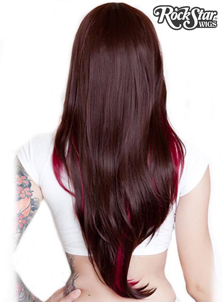 Chocolate Brown and Burgundy Women's Deluxe Rockstar Fashion Wig Back Image