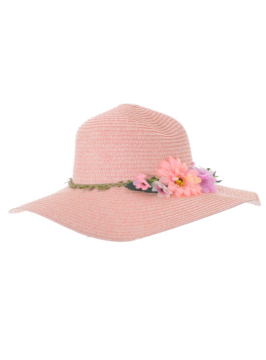 Salmon Pink Straw Floppy 70s Hippie Costume Hat with Flowers