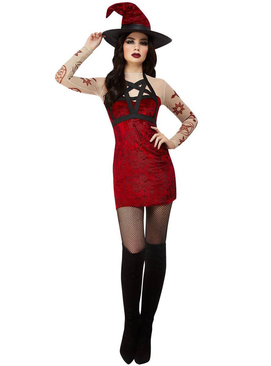 Image of Satanic Red Witch Women's Halloween Costume - Alternate Front View