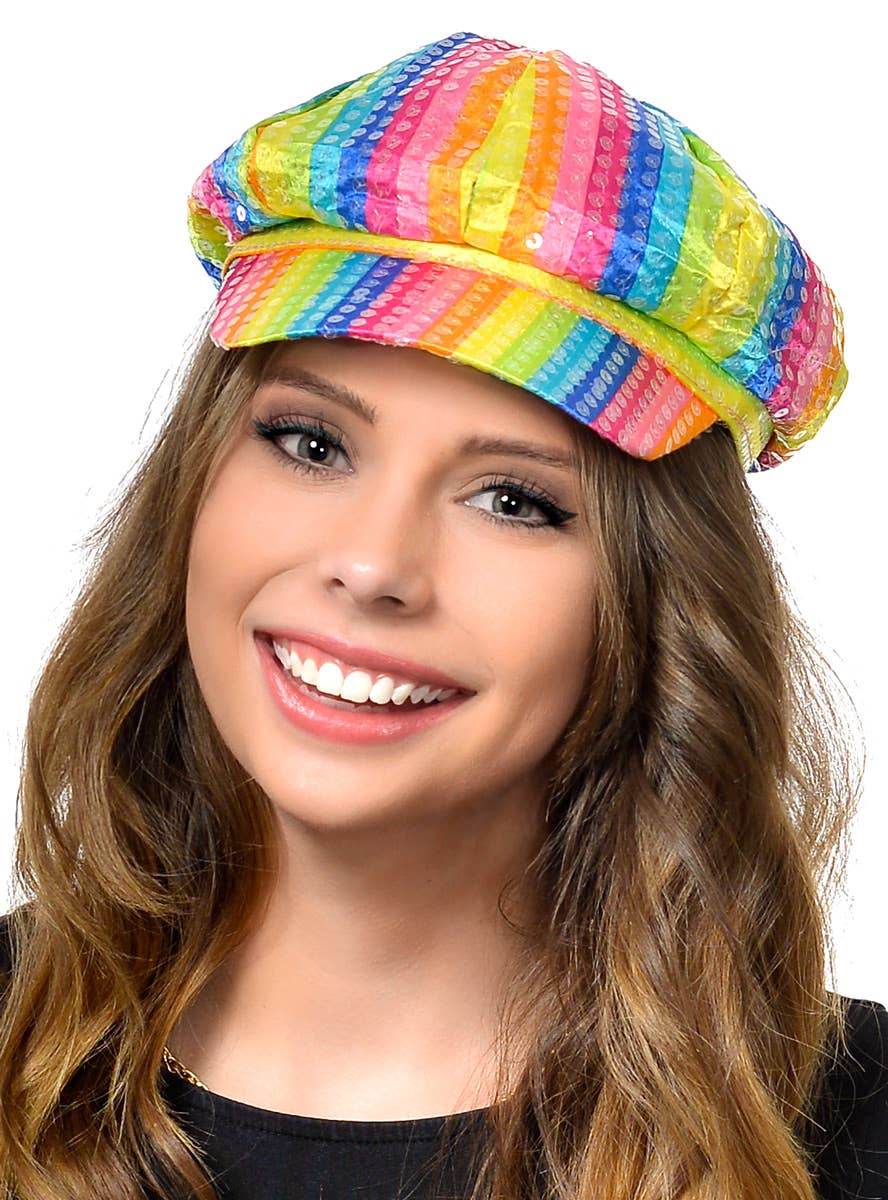 Rainbow Sequinned Mod Girl Disco Costume Cap - Main Image