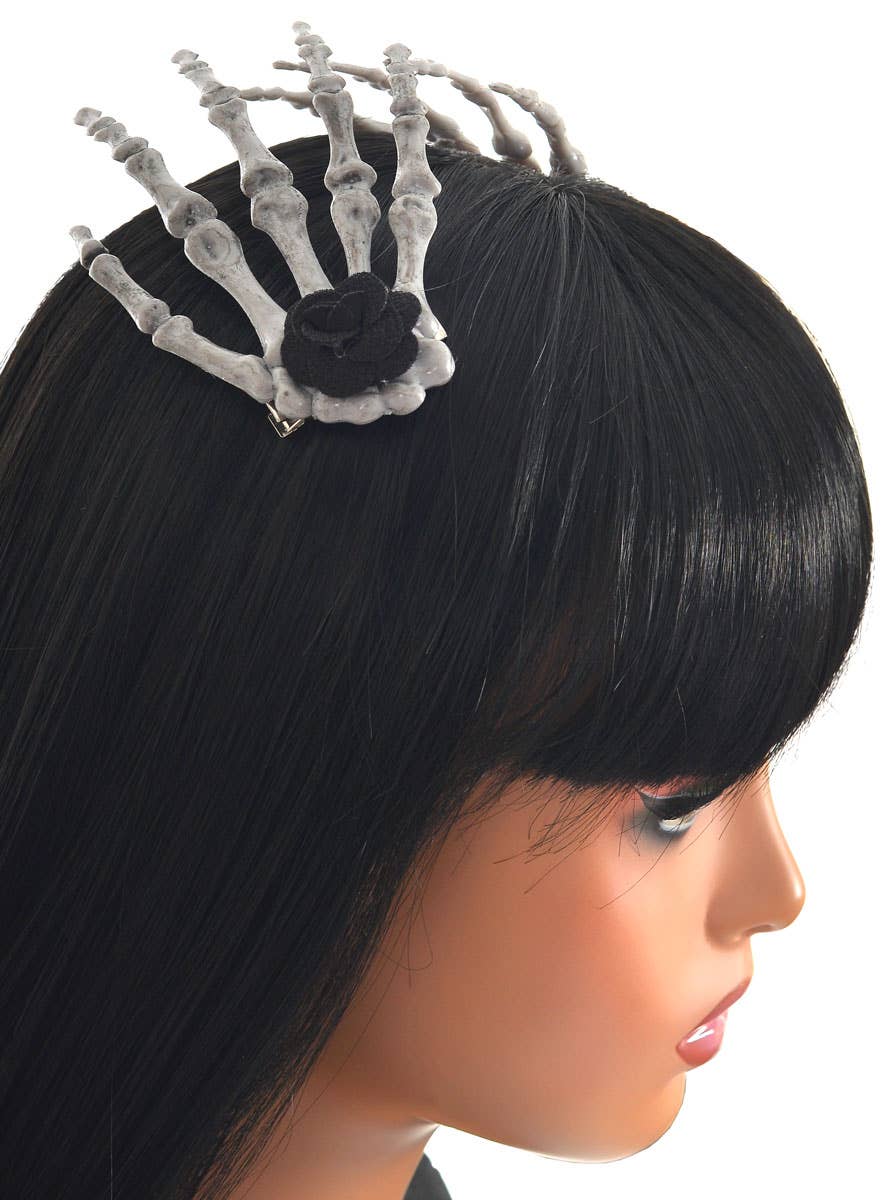 Image of Skeleton Hand Hair Clips with Black Roses - Alternate Image