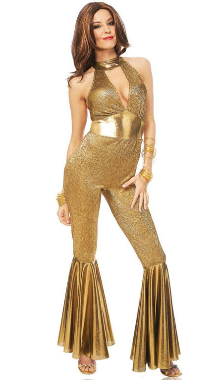 Women's Shiny Gold 1970's Disco Diva Jumpsuit Costume - Main Image