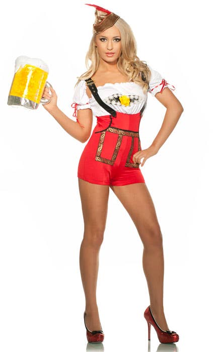 Sexy Women's Red Bavarian Girl in Lederhosen Oktoberfest Costume Main Image