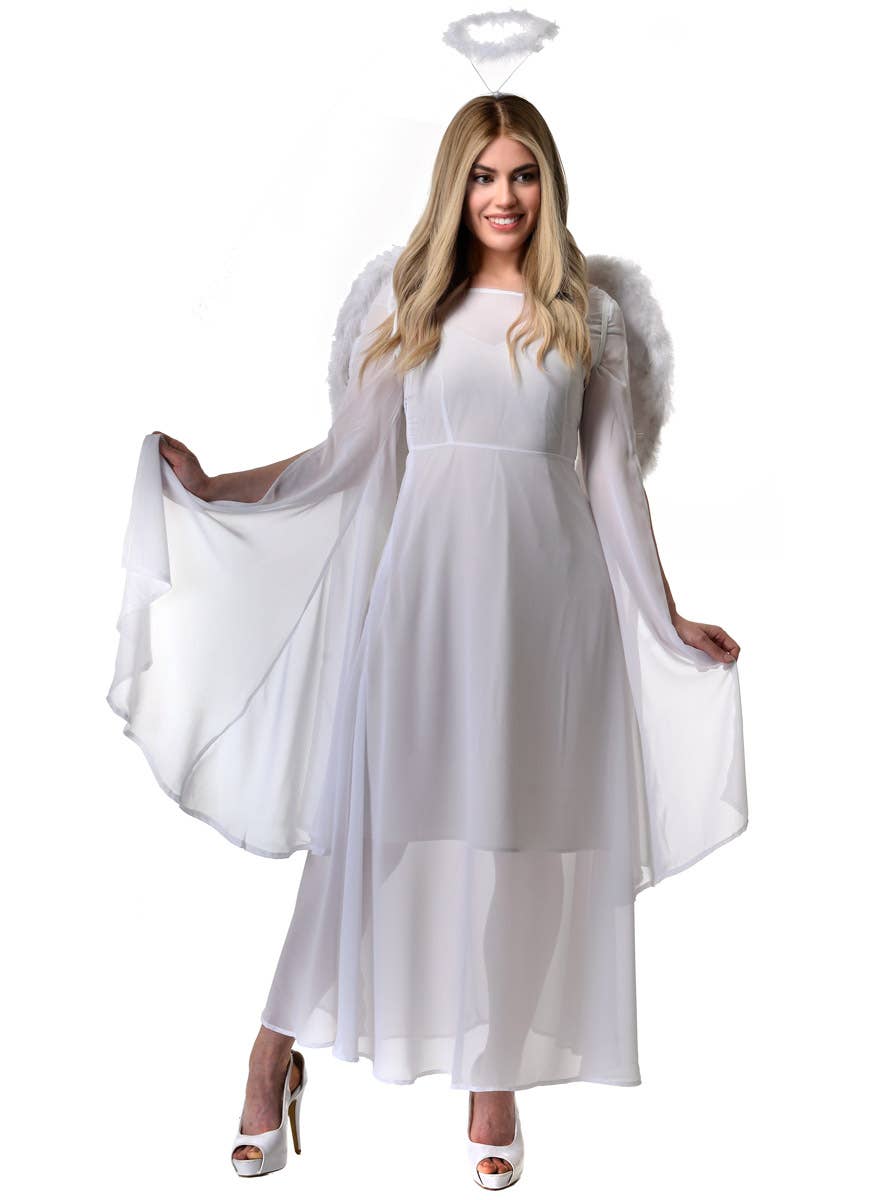 Image of Sheer White Semi Transparent Women's Angel Costume Dress - Front View
