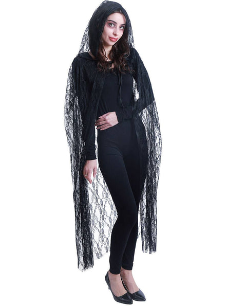 Image of Sheer Black Floral Lace Halloween Costume Cape - Front Image