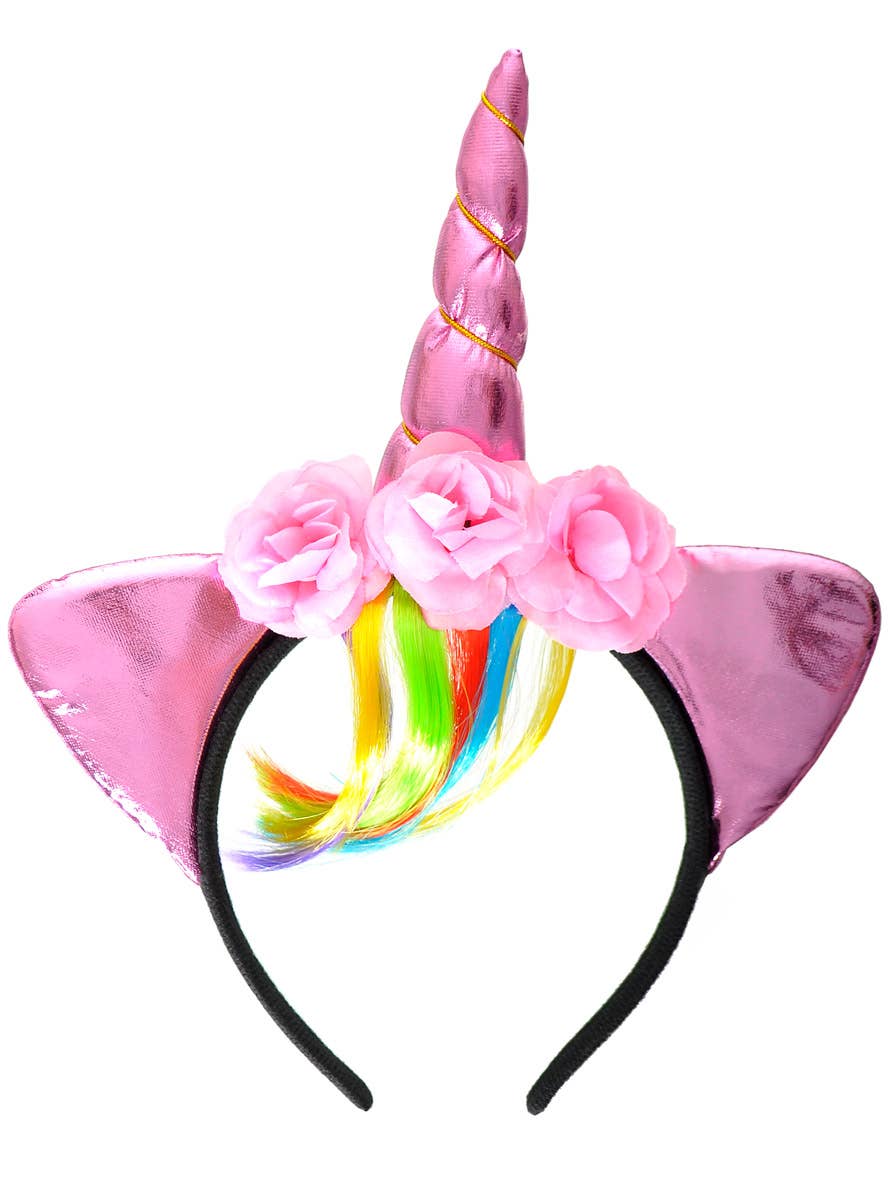 Image of Metallic Pink Unicorn Horn Headband with Rainbow Fringe - Main View