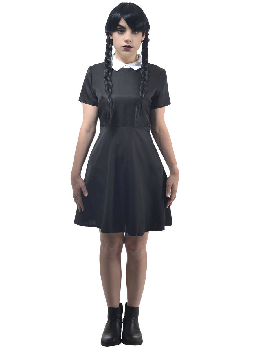 Image of Short Sleeve Wednesday Addams Teen Girls Halloween Costume - Front View