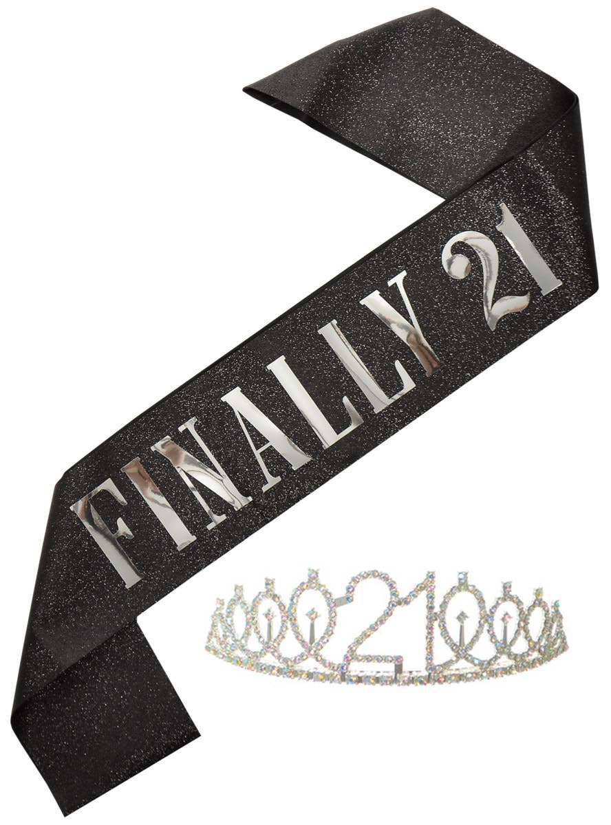 Image of Sparkly Black Finally 21 Birthday Party Sash and Tiara - Main Image