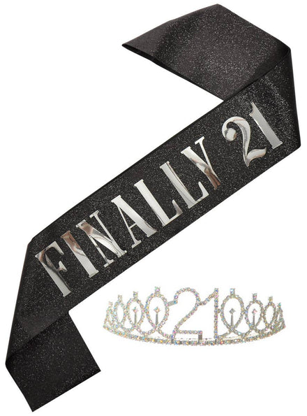 Image of Sparkly Black Finally 21 Birthday Party Sash and Tiara - Main Image