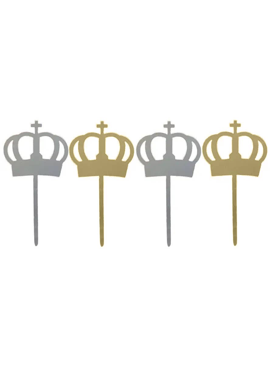 Image of Silver and Gold Reversible 4 Pack Crown Cake Toppers