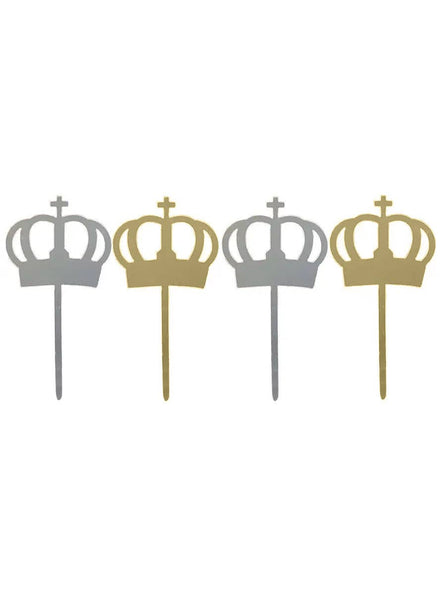 Image of Silver and Gold Reversible 4 Pack Crown Cake Toppers