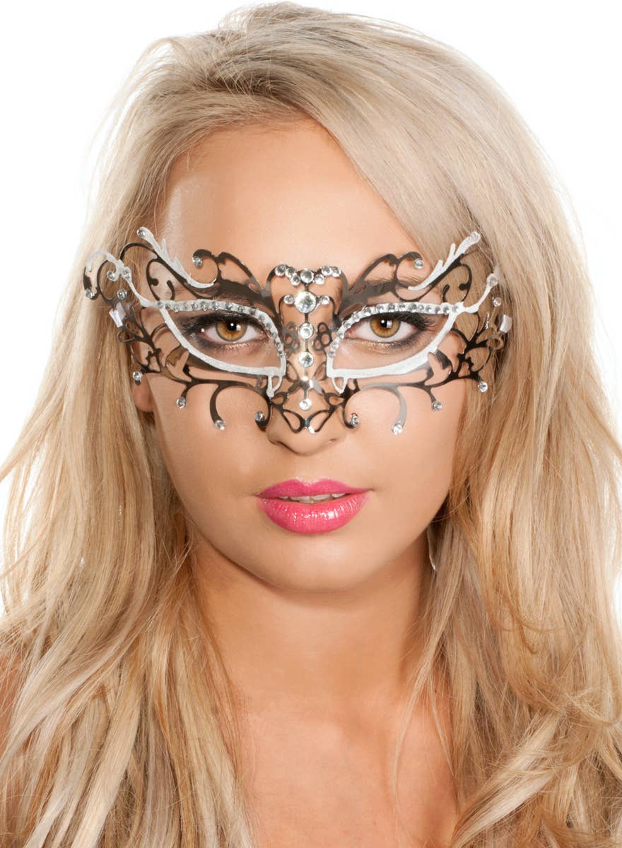 Women's Antique Style Silver Metal Masquerade Mask with White Glitter - Alternative Image