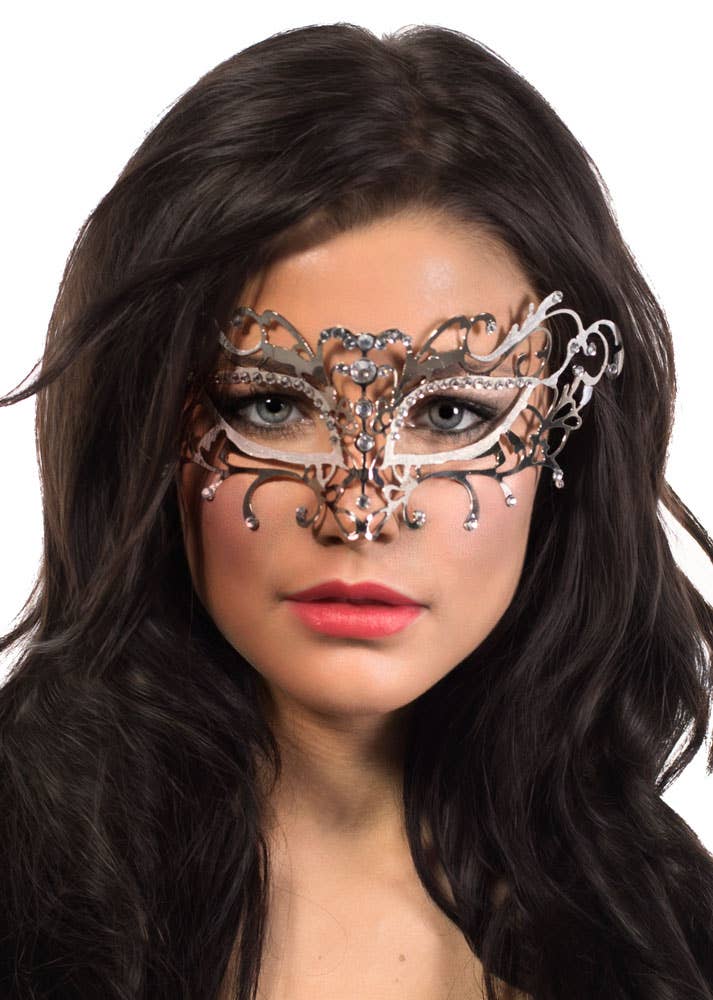 Women's Antique Style Silver Metal Masquerade Mask with White Glitter - Front Image