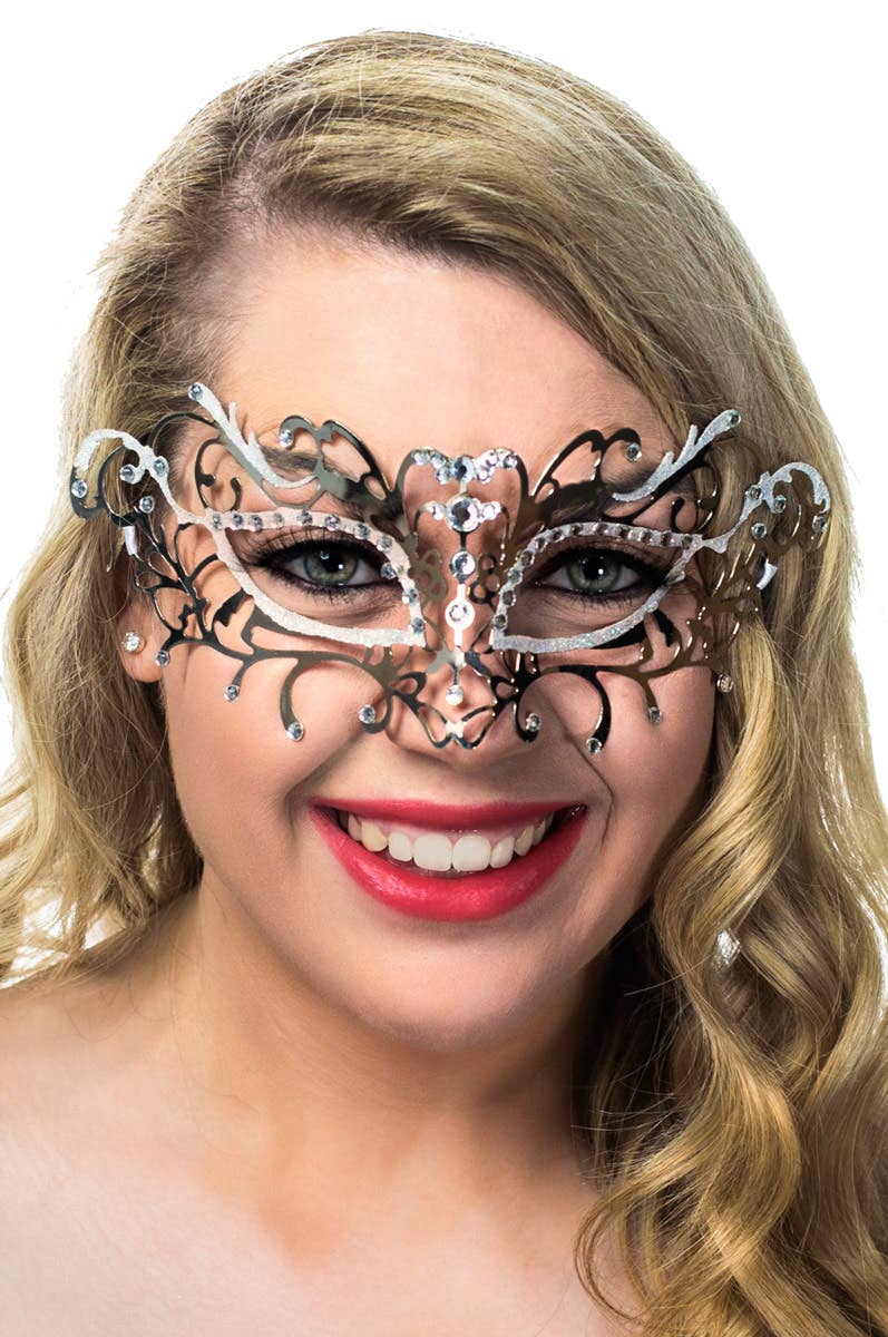 Women's Antique Style Silver Metal Masquerade Mask with White Glitter - Main Image