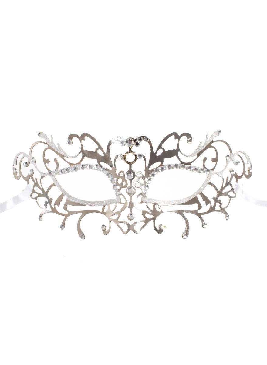 Women's Antique Style Silver Metal Masquerade Mask with White Glitter - Zoom Image